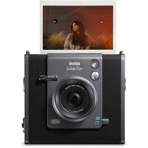 Instax Wide Evo instant camera front, textured black body with lens and flash