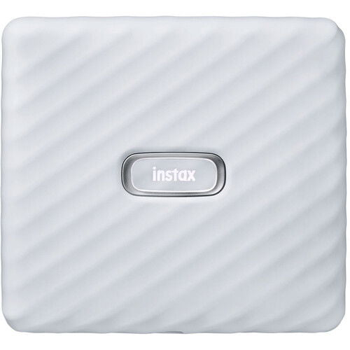 Imprimantă foto Instax Wide Link, albă, cu dungi fine și logo instax central
