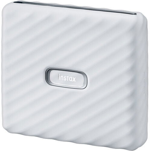 Imprimantă foto Instax Wide Link albă, față cu logo instax și profil compact