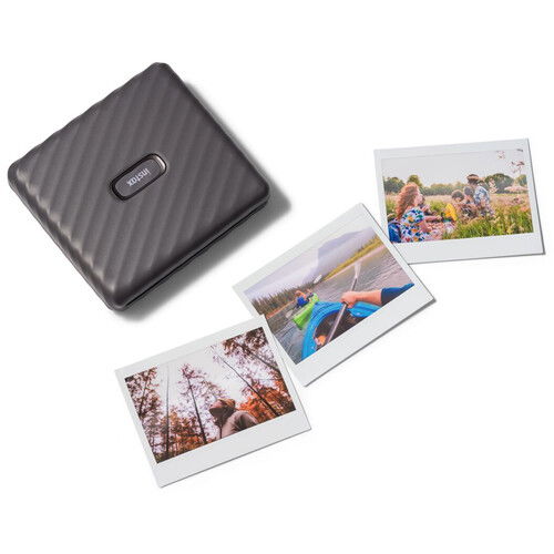 Mocha gray Instax Wide Link portable printer with fanned photo prints