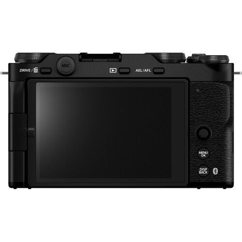 Black mirrorless camera body, rear display panel and control buttons visible