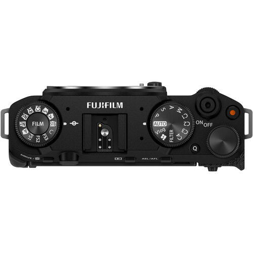 Black mirrorless camera body side view with control dials, grip, and ports visible