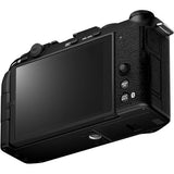 Black mirrorless camera with rear LCD screen, side view