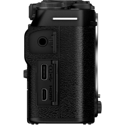Black mirrorless camera side ports and buttons, left profile