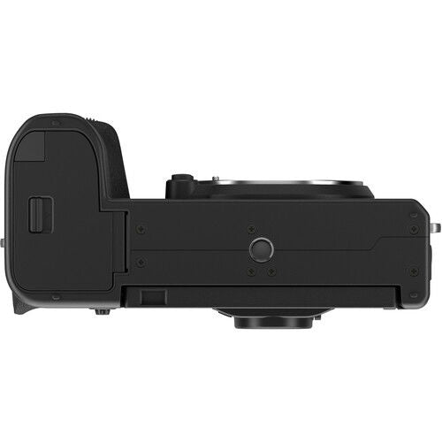 Black Fujifilm X-S20 mirrorless camera body, underside view with battery/grip area