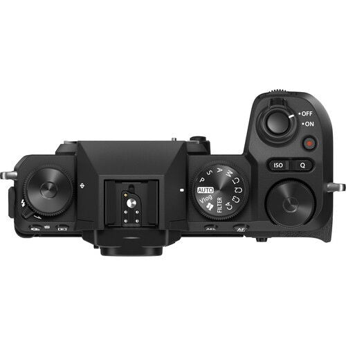 Black Fujifilm X-S20 mirrorless camera body, top controls and mode dial
