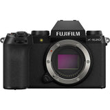 Black Fujifilm X-S20 mirrorless camera body, front view with lens mount and display