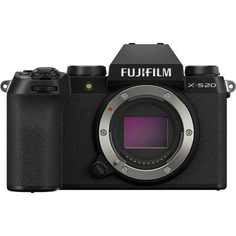 Black Fujifilm X-S20 mirrorless camera body, front view with lens mount and display