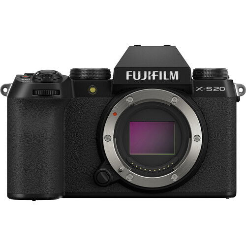 Black Fujifilm X-S20 mirrorless camera body, front view with lens mount and display