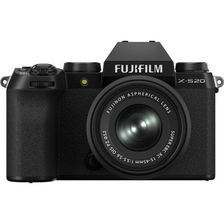 Black mirrorless camera with 15-45mm lens, front view showing large lens element