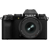 Black Fujifilm X-S20 mirrorless camera with zoom lens, straight-on front view