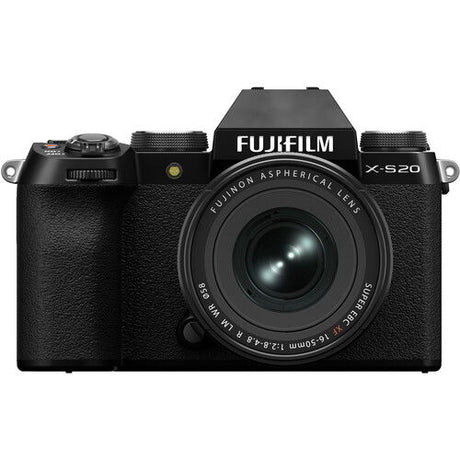 Black Fujifilm X-S20 mirrorless camera with zoom lens, straight-on front view