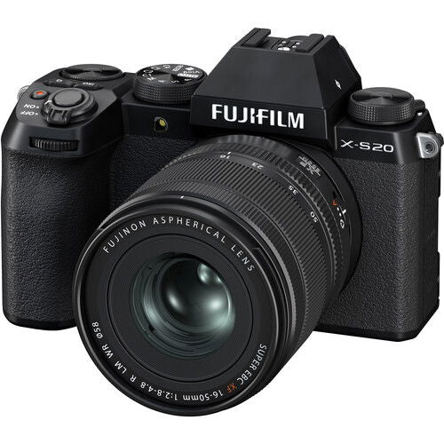 Black Fujifilm X-S20 mirrorless camera with attached zoom lens, front view