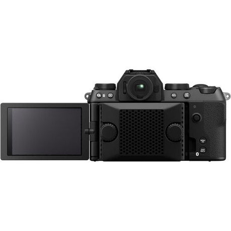 Black Fujifilm X-S20 mirrorless camera, side view with back screen