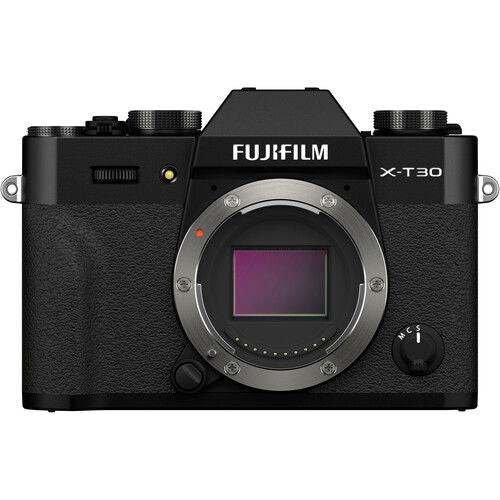 Black X-T30 II mirrorless camera body, front view with lens mount and EVF housing