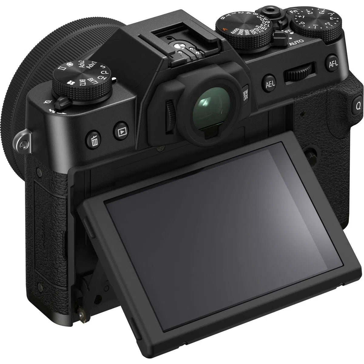 Black mirrorless camera with 15-45mm lens, rear view, tilting LCD screen