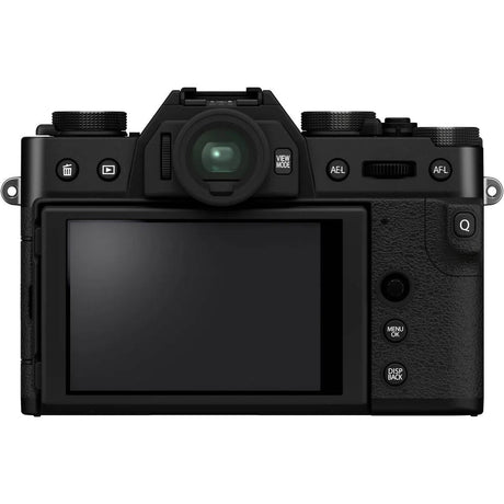 Black mirrorless camera with 15-45mm lens, top/front view, rear LCD visible