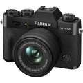 Black mirrorless camera with 15-45mm zoom lens, front view, textured grip