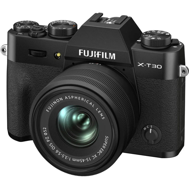 Black mirrorless camera with 15-45mm zoom lens, front view, textured grip