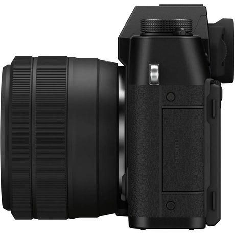 Black mirrorless camera with 15-45mm lens, side view, textured body paneling