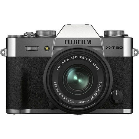 Front view mirrorless camera with 15-45mm lens; silver top and black body
