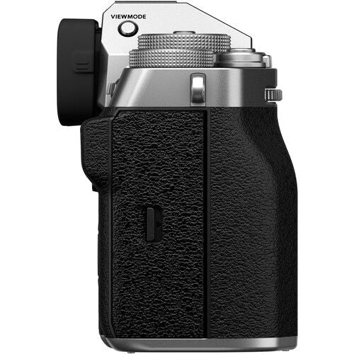 Mirrorless camera body close-up, textured handgrip and silver top controls