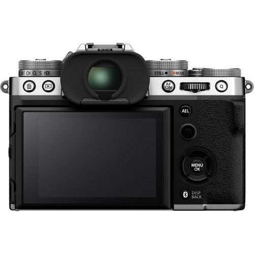 Mirrorless camera body from the rear, LCD screen and control buttons visible