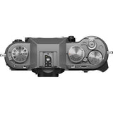 Fujifilm X-T50 camera body side with mode dial and control switches, silver/black