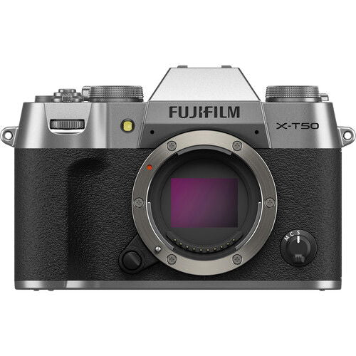 Fujifilm X-T50 camera body with lens mount and top controls, black and silver
