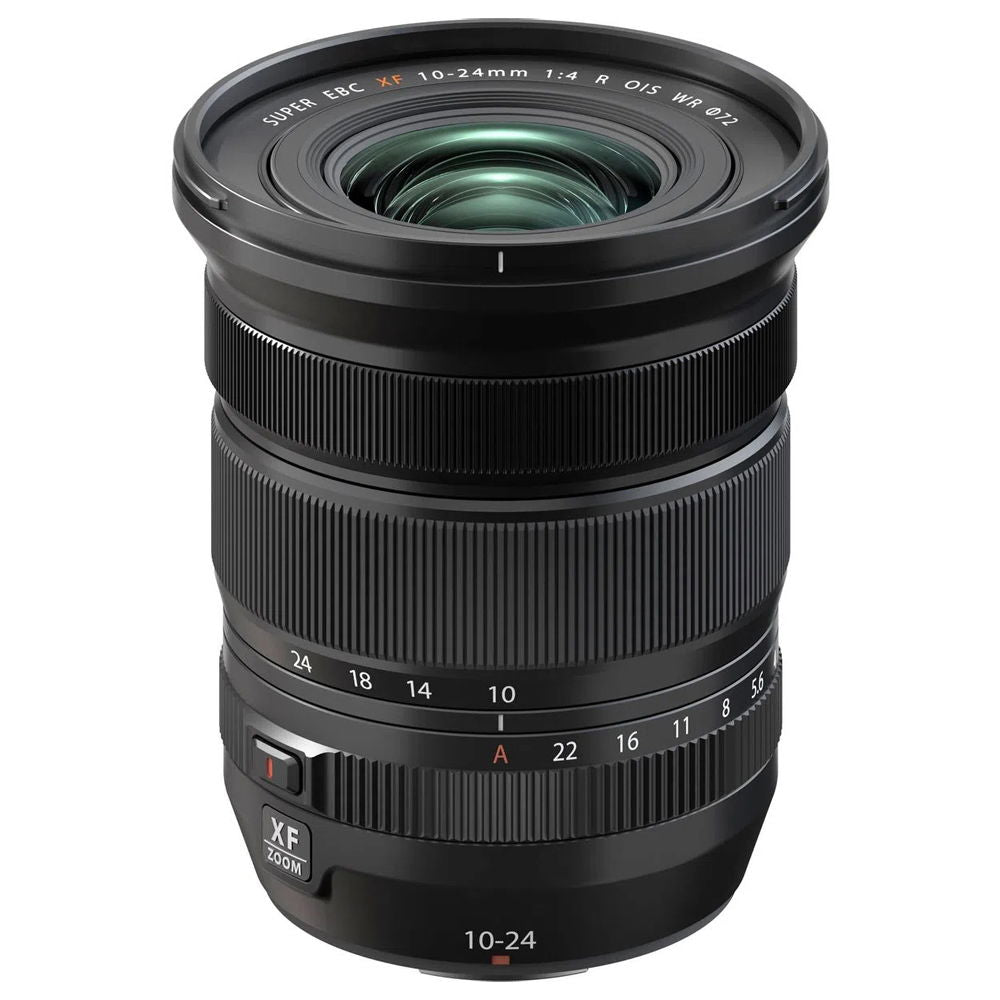 Black 10-24mm f/4 camera lens with front element and engraved aperture/focal scale