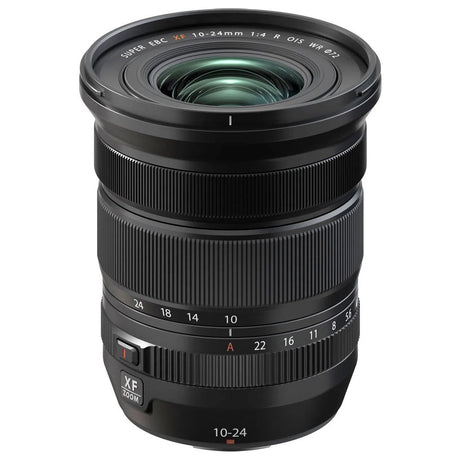 Black 10-24mm f/4 camera lens with front element and engraved aperture/focal scale