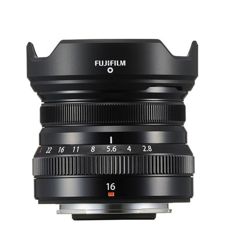 XF 16mm f/2.8 WR lens with textured focus ring and f-stop scale markings