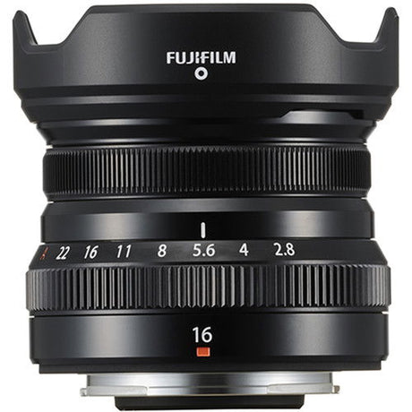 XF 16mm f/2.8 WR lens front view with textured zoom ring and numbered scale