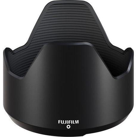 Matte black lens hood with ridged grip and branding text on the front