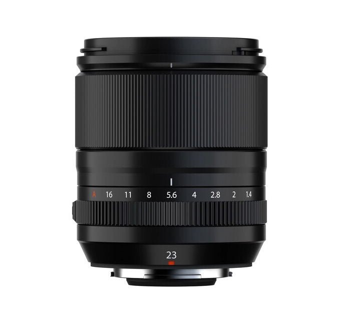 Black 23mm f/1.4 lens front with aperture scale ring and mount base