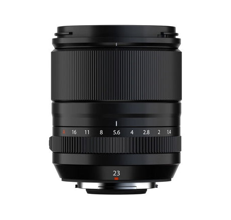 Black 23mm f/1.4 lens front with aperture scale ring and mount base