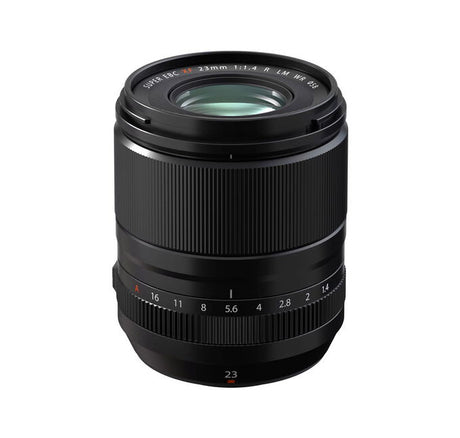Black 23mm f/1.4 lens, front glass and ridged focus ring visible