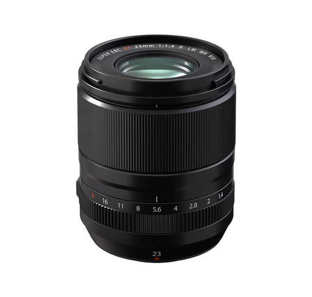 Black 23mm f/1.4 lens, front glass and ridged focus ring visible