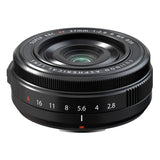 27mm F2.8 XF R WR lens front with glass element and engraved aperture ring