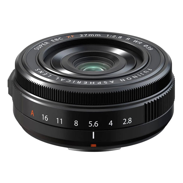27mm F2.8 XF R WR lens front with glass element and engraved aperture ring