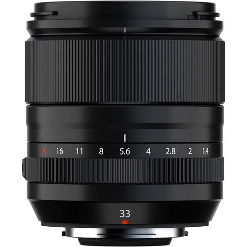 XF 33mm f/1.4 lens front ring with engraved aperture scale on black body