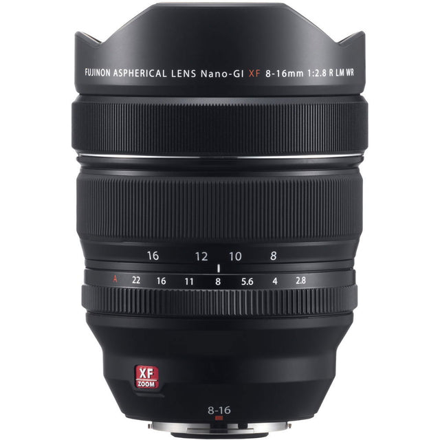 Black XF 8-16mm F2.8 R LM WR lens front with focus scale and 8-16 label
