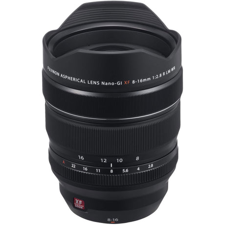 Black XF 8-16mm F2.8 R LM WR lens with front glass area and engraved focal markings