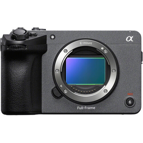 Cameră Sony FX5 full-frame, față cu montură E, senzor cu reflexie albastră.