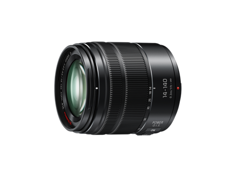 Lumix 14-140mm camera lens angled view, front glass and ribbed zoom/focus rings