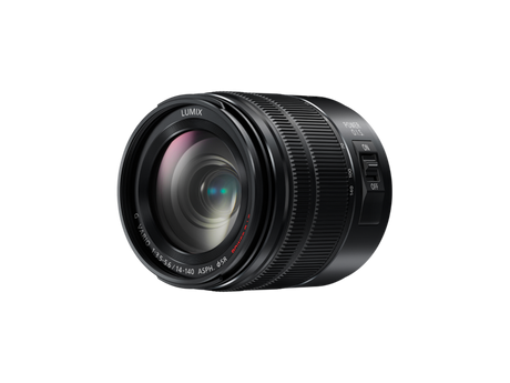 Lumix 14-140mm camera lens front view, black barrel with side switch and markings