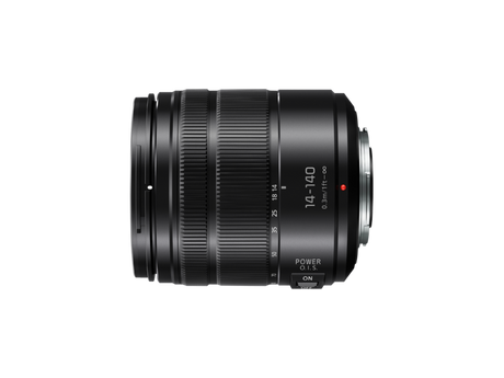 Lumix 14-140mm camera lens side profile, zoom ring and POWER O.I.S. switch