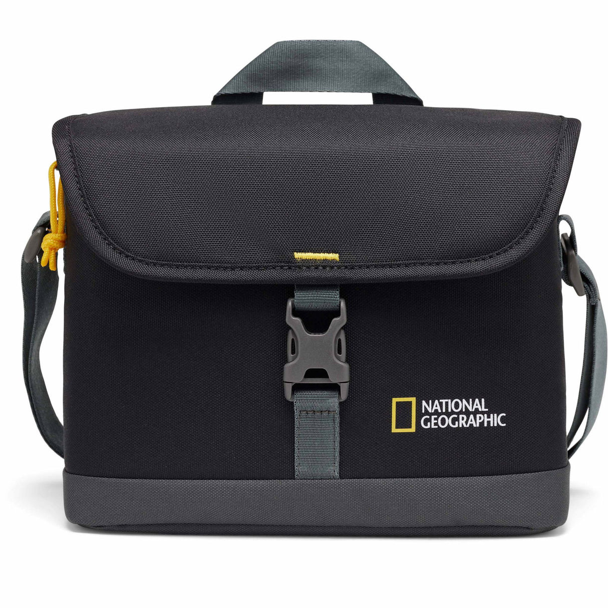 Black padded photo camera bag with front flap, shoulder strap, and top handle