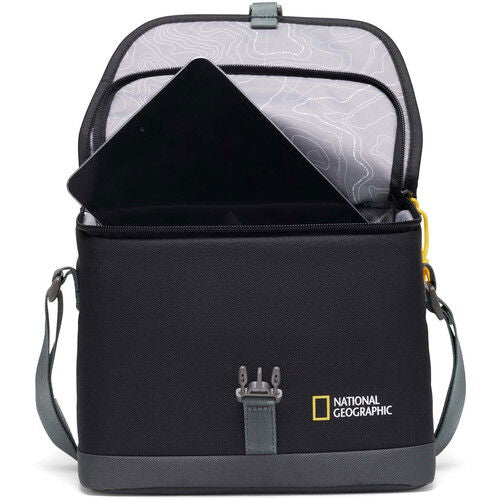 Black camera bag with open front pocket and gray patterned lining inside
