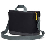 Black camera bag side view with wide shoulder strap and yellow zipper pull